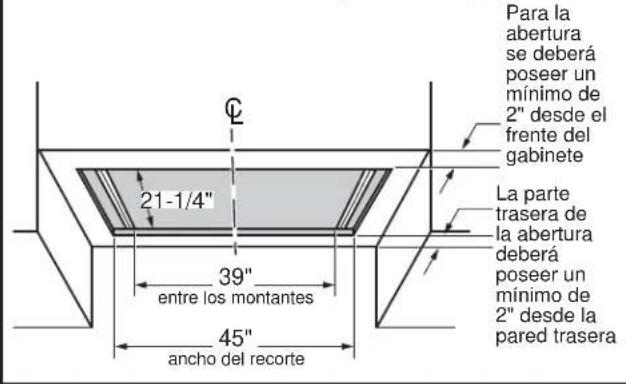 Para la abertura se deberá poseer un mínimo de 2" desde el frente del gabinete La parte trasera de la abertura deberá poseer un mínimo de 2" desde la pared trasera 21-1/4" 39" entre los montantes 45" ancho del recorte