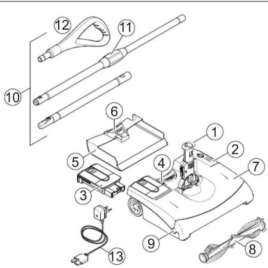 Exploded view diagram of a cleaning or repair device with numbered parts for identification