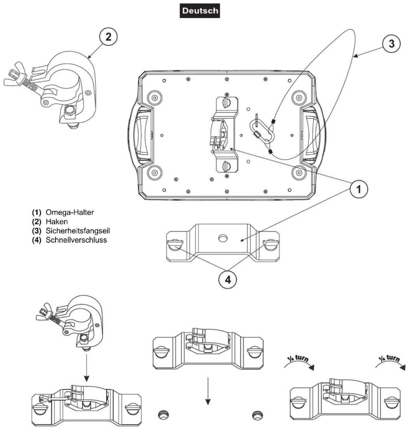 Deutsch 1 2 3 4 (1) Omega-Halter (2) Haken (3) Sicherheitsfangseil (4) Schnellverschluss ¼ turn ¼ turn