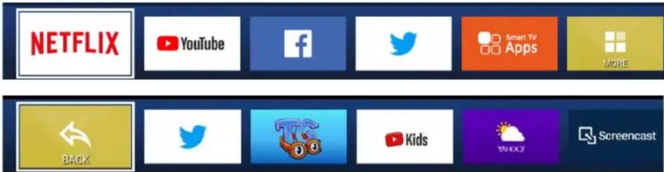 NETFLIX YouTube f Twitter Smart TV Apps MORE BACK TIG Kids YHOOZ Screencast