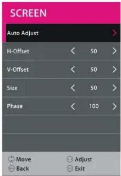 SCREEN Auto Adjust > H-Offset < 50 > V-Offset < 50 > Size < 50 > Phase < 100 > Move Adjust Back Exit