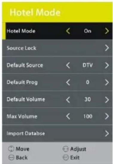 Hotel Mode Hotel Mode < On > Source Lock > Default Source < DTV > Default Prog < 0 > Default Volume < 30 > Max Volume < 100 > Import Database > Move Adjust Back Exit
