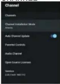 Channel Channels Channel Installation Mode Atrium Auto Channel Update Parental Controls Audio Channel Open Source Licensee Verizon 2.08.1 (mail) 1652112