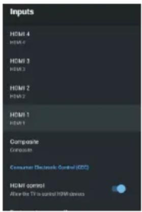 Inputs HDMI 4 HDMI 7 HDMI 3 HDMI 3 HDMI 2 HDMI 2 HDMI 1 HDMI 1 Composite Composite Consumer Electronic Control (CES) HDMI control Allow the TV to control HDMI devices