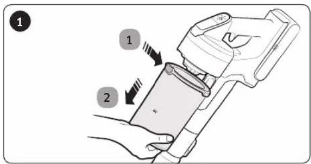 Diagram showing a device being inserted into a device, labeled with steps 1 and 2 indicating process flow.