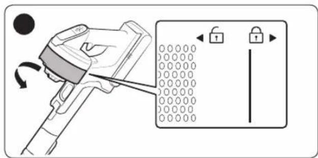 Diagram showing a hand holding a device with rotating buttons and a lock mechanism, illustrating a mechanical or cleaning process.