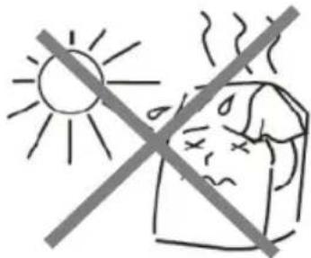 Safety warning sign showing sun and illness with crossed-out lines