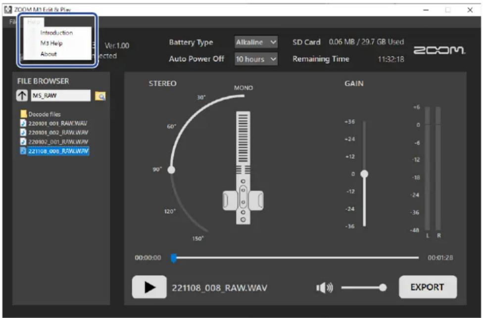 ZOOM M3 MicTrak - Menu de l'application M3 edit & play - 1