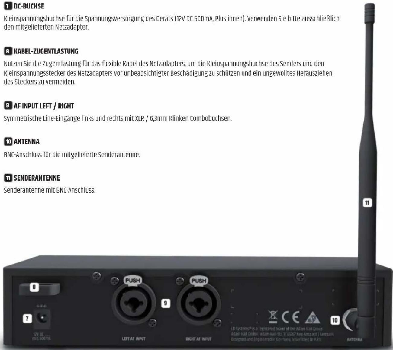 7 DC-BUCHSE Kleinspannungsbuchse für die Spannungsversorgung des Geräts (12V DC 500mA, Plus innen). Verwenden Sie bitte ausschließlich den mitgelieferten Netzadapter. 8 KABEL-ZUGENTLASTUNG Nutzen Sie die Zugentlastung für das flexible Kabel des Netzadapters, um die Kleinspannungsbuchse des Senders und den Kleinspannungsstecker des Netzadapters vor unbeabsichtigter Beschädigung zu schützen und ein ungewolltes Herausziehen des Steckers zu vermeiden. 9 AF INPUT LEFT / RIGHT Symmetrische Line-Eingänge links und rechts mit XLR / 6,3mm Klinken Combobuchsen. 10 ANTENNA BNC-Anschluss für die mitgelieferte Senderantenne. 11 SENDERANTENNE Senderantenne mit BNC-Anschluss.