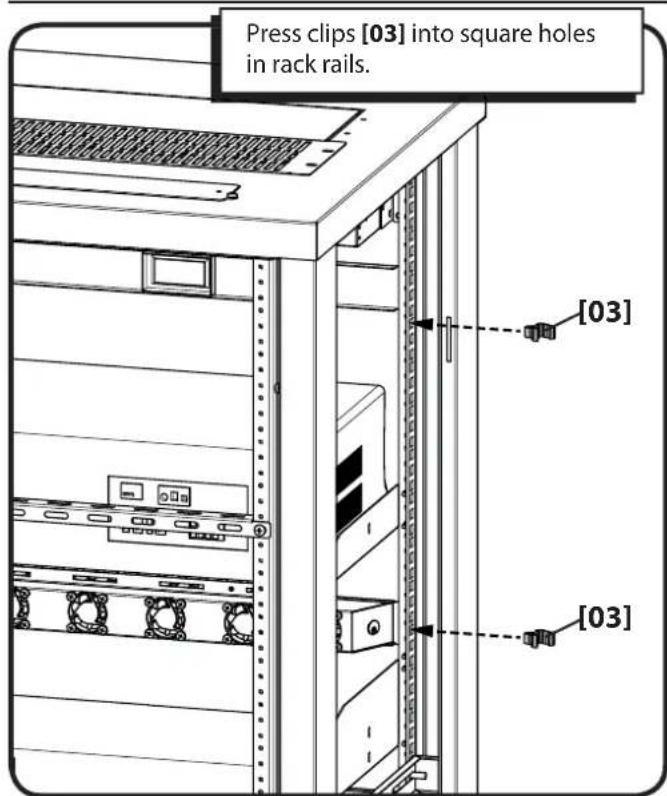 Press clips [03] into square holes in rack rails. [03] [03]