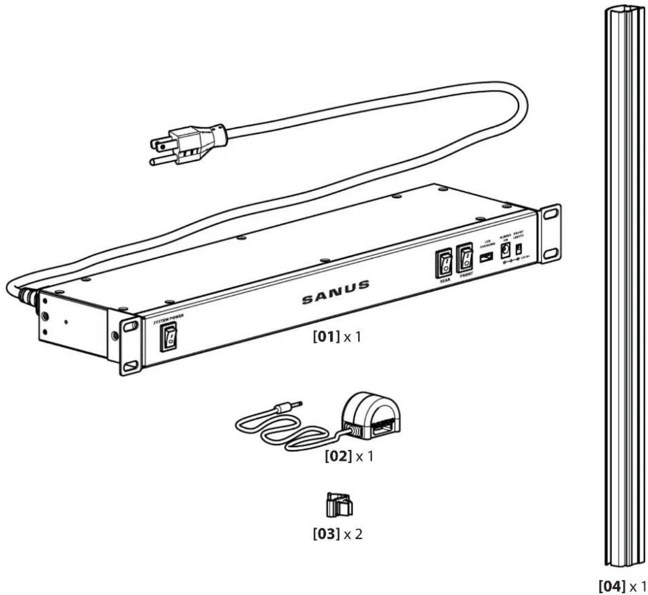 SANUS SYSTEM POWER [01] x 1 STAR POWER USB COMPUTER RUNNING OUTPUT RUNNING OUTPUT [02] x 1 [03] x 2 [04] x 1