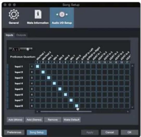 Song Setup General Meta Information Audio I/O Setup Inputs Outputs PreSonus Quantum Input 1 Input 2 Input 3 Input 4 Input 5 Input 6 Input 7 Input 8 Add (Mono) Add (Stereo) Remove Make Default Add (Mono) Add (Stereo) Remove Make Default Preferences Song Setup Apply Cancel OK