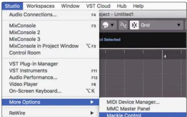 Studio Workspaces Window VST Cloud Hub Help Audio Connections... F4 Project - Untitled1 MixConsole F3 Grid MixConsole 2 MixConsole 3 MixConsole in Project Window F3 Control Room VST Plug-in Manager VST Instruments F11 Audio Performance... F12 Video Player F8 On-Screen Keyboard... K More Options MIDI Device Manager... ReWire MMC Master Panel Mackie Control