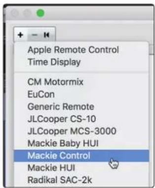 Apple Remote Control Time Display CM Motormix EuCon Generic Remote JLCooper CS-10 JLCooper MCS-3000 Mackie Baby HUI Mackie Control Mackie HUI Radikal SAC-2k