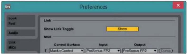 Live Preferences Look Feel Audio Link MIDI Link Show Link Toggle Show MIDI Control Surface Input Output 1 MackieControl PreSonus FP2 PreSonus FP2 Dump
