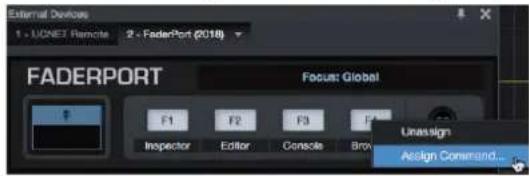 External Devices 1 - LUCNET Remote 2 - FaderPort (2018) FADERPORT Focus: Global F1 F2 F3 F4 Inspector Editor Console Bnv Unassign Assign Command...