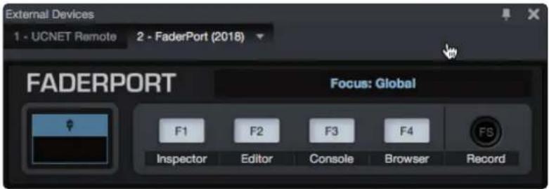 External Devices 1 - UCNET Remote 2 - FaderPort (2018) FADERPORT Focus: Global F1 F2 F3 F4 FS Inspector Editor Console Browser Record
