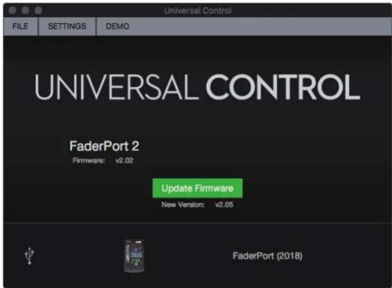 Universal Control FILE SETTINGS DEMO UNIVERSAL CONTROL FaderPort 2 Firmware: v2.02 Update Firmware New Version: v2.05 FaderPort (2018)