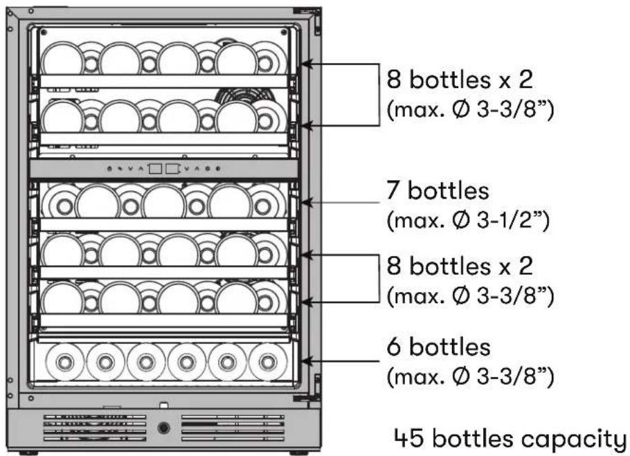 8 bottles x 2 (max. Ø 3-3/8") 7 bottles (max. Ø 3-1/2") 8 bottles x 2 (max. Ø 3-3/8") 6 bottles (max. Ø 3-3/8") 45 bottles capacity