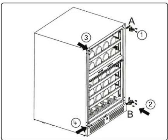 Technical diagram of a refrigerator with labeled components and directional arrows indicating parts A, B, and C.