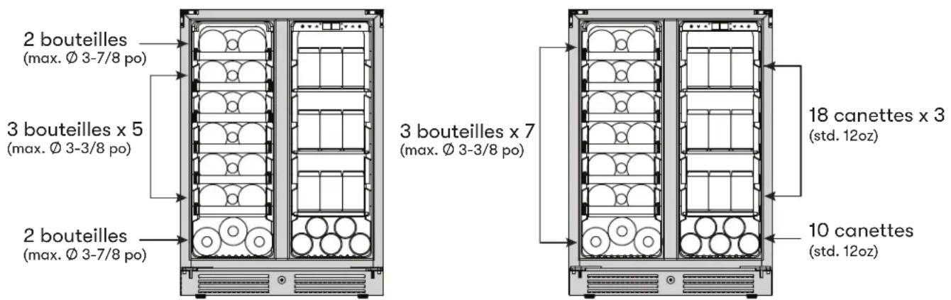 2 bouteilles (max. Ø 3-7/8 po) 3 bouteilles x 5 (max. Ø 3-3/8 po) 2 bouteilles (max. Ø 3-7/8 po) 3 bouteilles x 7 (max. Ø 3-3/8 po) 18 canettes x 3 (std. 12oz) 10 canettes (std. 12oz)