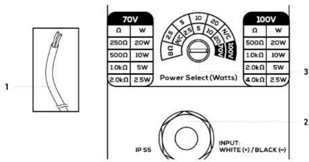 70V Ω W 250Ω 20W 500Ω 10W 1.0kΩ 5W 2.0kΩ 2.5W Power Select (Watts) 100V Ω W 500Ω 20W 1.0kΩ 10W 2.0kΩ 5W 4.0kΩ 2.5W 3 2 IP 55 INPUT: WHITE (+) / BLACK (-)