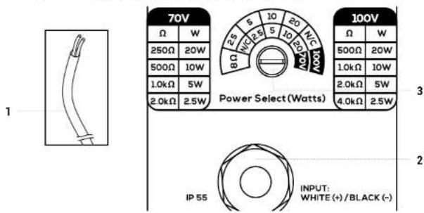 70V Ω W 250Ω 20W 500Ω 10W 1.0kΩ 5W 2.0kΩ 2.5W 8Ω 2.5 W 5 10 20 N/C 100V N/C 2.5 5 10 20 N/C 100V Power Select (Watts) 100V Ω W 500Ω 20W 1.0kΩ 10W 2.0kΩ 5W 4.0kΩ 2.5W 3 2 IP 55 INPUT: WHITE (+)/BLACK (-)
