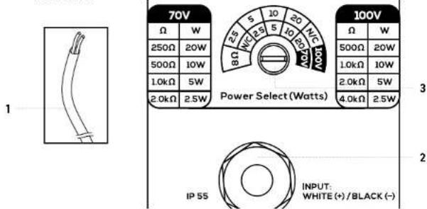 70V Ω W 250Ω 20W 500Ω 10W 1.0kΩ 5W 2.0kΩ 2.5W Power Select (Watts) 100V Ω W 500Ω 20W 1.0kΩ 10W 2.0kΩ 5W 4.0kΩ 2.5W IP 55 INPUT: WHITE (+) / BLACK (-)
