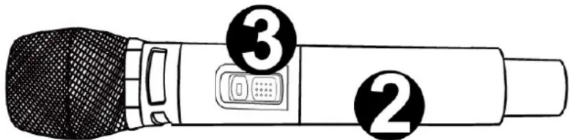 Diagram of a microphone with numbered parts indicating key functions or labels