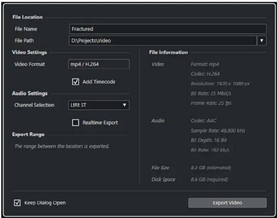STEINBERG Cubase Elements 12 - Boîte de dialogue Exporter la vidéo - 1