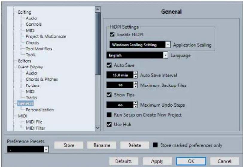 STEINBERG Cubase Elements 12 - Boîte de dialogue Préférences - 1