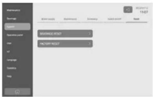 Beverage System Operating panel Clear Add Language Statistics Help 2013/07/12 11:07 Beverage Reset > Factor Reset >