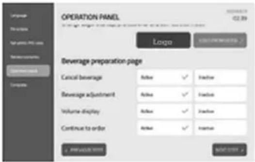 OPERATION PANEL 02.39 Logo Beverage preparation page Cancel beverage Afee √ Inbox Beverage adjustment Afee √ Inbox Volume display Afee √ Inbox Continue to order Afee √ Inbox © PRESENT WORK ©2017-05-24