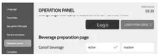 Language SearchInfo Get action PRC code Service queries Download search Complete OPERATION PANEL 02.39 Logo Loadwater buttons > Beverage preparation page Cancel beverage Active Inactive