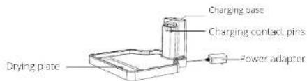 Charging base Charging contact pins Drying plate Power adapter