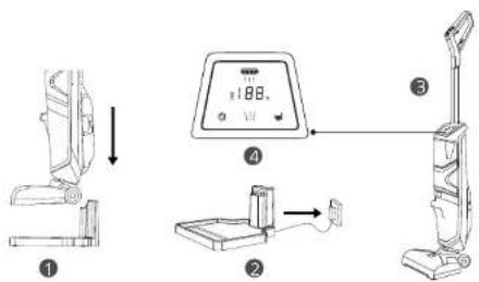 Diagram showing three-step cleaning and installation process: device 1, device 2 with adjustment, and vacuum cleaner with control panel 3.