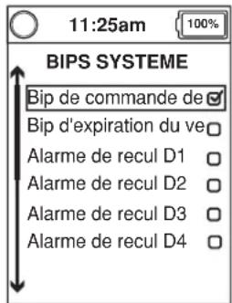 11:25am 100% BIPS SYSTEME Bip de commande de ✓ Bip d'expiration du ve Alarme de recul D1 Alarme de recul D2 Alarme de recul D3 Alarme de recul D4