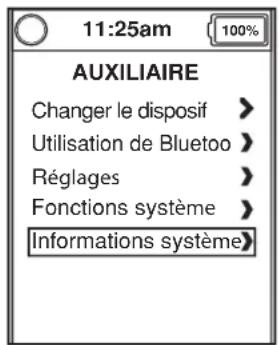 11:25am 100% AUXILIAIRE Changer le disposif > Utilisation de Bluetooth > Réglages > Fonctions système > Informations système>