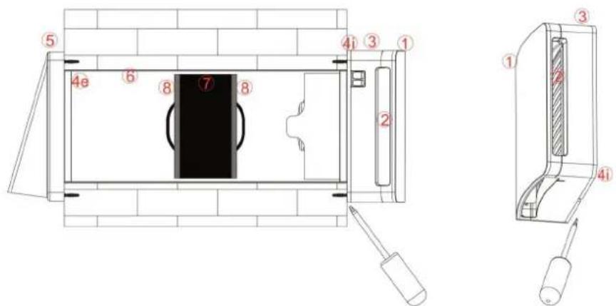 Technical diagram of a device with numbered components and labeled parts, including a close-up view of the internal structure.
