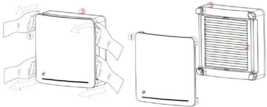 Technical diagram showing three steps of a device packaging or assembly: opening, pressing, and cooling.