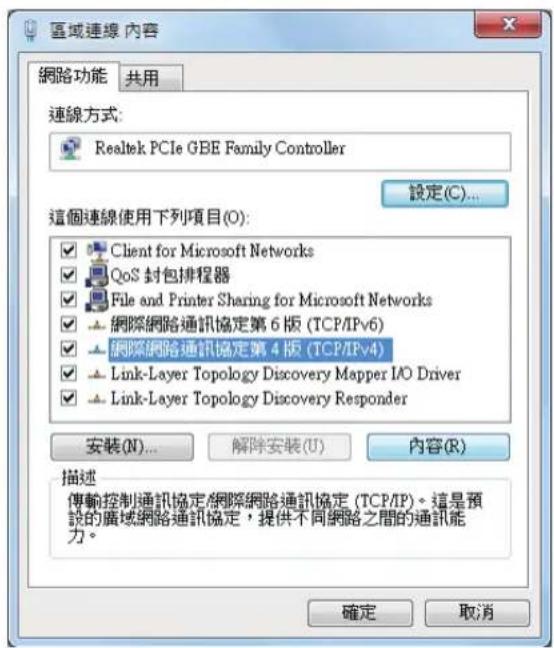 區域連線內容 網路功能 共用 連線方式: Realtek PCIe GBE Family Controller 設定(C)... 這個連線使用下列項目(O): ✓ Client for Microsoft Networks ✓ QoS 封包排程器 ✓ File and Printer Sharing for Microsoft Networks ✓ 網際網路通訊協定第 6 版 (TCP/IPv6) ✓ 網際網路通訊協定第 4 版 (TCP/IPv4) ✓ Link-Layer Topology Discovery Mapper I/O Driver ✓ Link-Layer Topology Discovery Responder 安裝(N)... 解除安裝(U) 內容(R) 描述 傳輸控制通訊協定網際網路通訊協定 (TCP/IP)。這是預設的廣域網路通訊協定，提供不同網路之間的通訊能力。 確定 取消