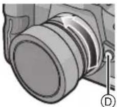 PANASONIC Lumix HF008E - Premere il pulsante di sblocco dell'obiettivo Ⓓ e nel contempo ruotare fino in fondo l'obiettivo nella direzione indicata dalla freccia per rimuoverlo. - 1