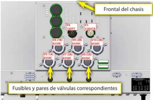 Frontal del chasis V4 12AT7 V3 12AX7A V6 (1B) 6550C V8 (2B) 6550C V10 (3B) 6550C V5 (1A) 6550C V7 (2A) 6550C V9 (3A) 6550C Fusibles y pares de válvulas correspondientes