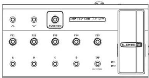 CMP REV CHR DLY DW FUNCTION FX1 FX2 FX3 FX4 FX5 A B C D TAP LINE G