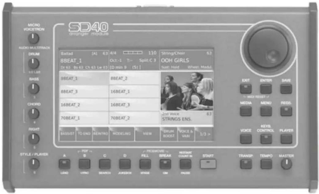 SD40 stronger module Micro VOCETRON AUDIO MULTIMRACK DRUM 10 LAM BASS 3 CHORD 4 RIGHT 5 STYLE / PLAYER A B C D E FILL GRIKE WHOLE ON PULSE BITAD [A] 63 8BEAT_1 Dr 63 0s 63 Ch 63 Le 63) 4/4 110 Oct.-1 T- Split-C 3 [D min 9 (S) ] String/Chair 63 OOH GIRLS Sue: Hold Wheat Modul. 8BEAT_1 8BEAT_2 8BEAT_3 16BEAT_1 16BEAT_2 16BEAT_3 70BEAT_1 70BEAT_2 2nd Voice 63 STRINGS ENS. BASSIST TO END BENTRO MODELING VIEW DRUM BOOST VOICE & VARI 1/3 > END CPMO SEARCH JAPEDIX WIND GM PAUSE exit ENTER SAVE MID RESET MEDIA MENU REGS VOICE KEYS CONTROL PLAYER