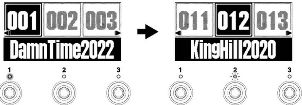 ZOOM B2 FOUR - Sélection des mémoires de patch avec la fonction PRESELECT activée - 2