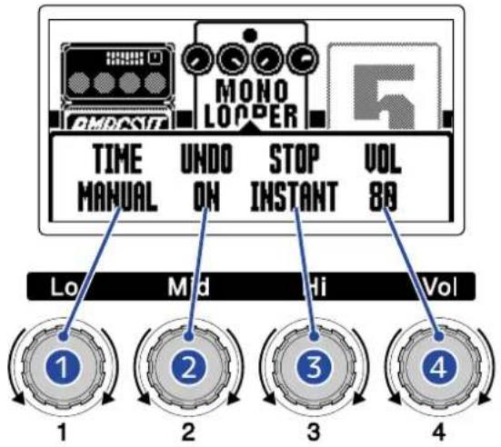 ZOOM B2 FOUR - Tournez pour changer les réglages de l'effet looper. - 1