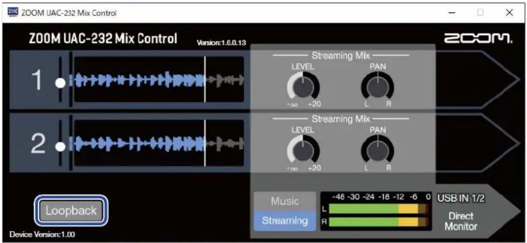 ZOOM UAC-232 Mix Control ZOOM UAC-232 Mix Control Version:1.0.0.13 1. 2. Loopback Device Version:1.00 Streaming Mix LEVEL PAN -∞ +20 L R Streaming Mix LEVEL PAN -∞ +20 L R Music -46 -30 -24 -18 -12 -6 0 USB IN 1/2 Streaming R Direct Monitor