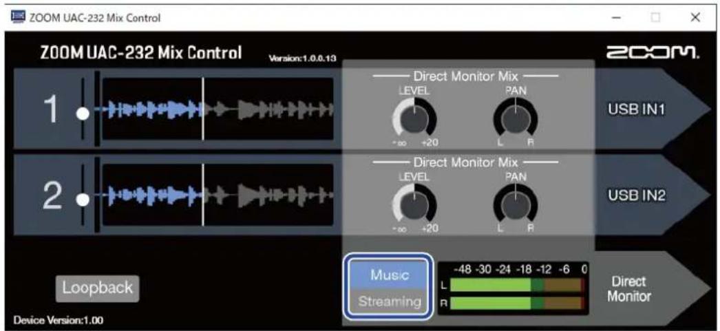ZOOM UAC-232 Mix Control ZOOM UAC-232 Mix Control Version:1.0.0.13 1. 2. Loopback Device Version:1.00 Direct Monitor Mix LEVEL PAN -∞ +20 L R USB IN1 USB IN2 Music Streaming -48 -30 -24 -18 -12 -6 0 L R Direct Monitor Device Version:1.00