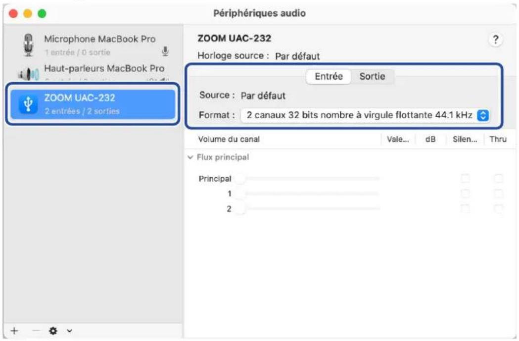 Périphériques audio Microphone MacBook Pro 1 entrée / 0 sortie Haut-parleurs MacBook Pro ZOOM UAC-232 2 entrées / 2 sorties ZOOM UAC-232 Horloge source : Par défaut Entrée Sortie Source : Par défaut Format : 2 canaux 32 bits nombre à virgule flottante 44.1 kHz Volume du canal Vale... dB Silen... Thru Flux principal Principal 1 2